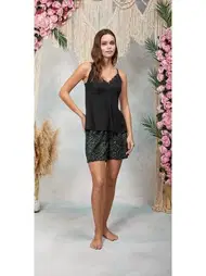 Doreanse Kadın Siyah Dantel Yaka Askılı Leopar Desenli Şort T-shirt Piiama Takımı Doreanse 25Y4067